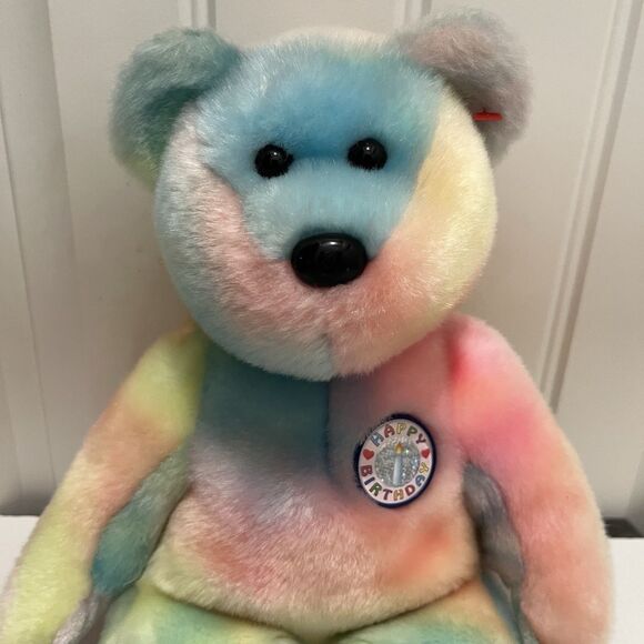 Ty Beanie Buddies Happy Birthday Bear Plush Tie Dye Pastel 14" Stuffed Toy 2001 - Picture 2 of 10